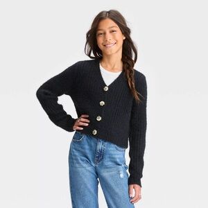 art class Black Ribbed-knit Cardigan with Front Buttons